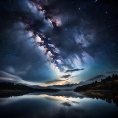 Naklejka premium A sky filled with stars peeking through a veil of fast-moving clouds. - Upscaling by @Badar