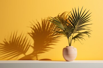  a palm tree casts a shadow on a yellow wall behind a white vase with a green palm tree in it.