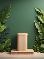 Wooden Podium Cosmetic Product Exhibition Stand on Green Background with Leaves and Shadows
