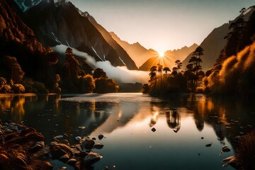 A cinematic scene unfolds in Westland District as the sunrise bathes Fox Glacier and Lake Matheson in warm hues, creating a magical atmosphere with misty mountains.
