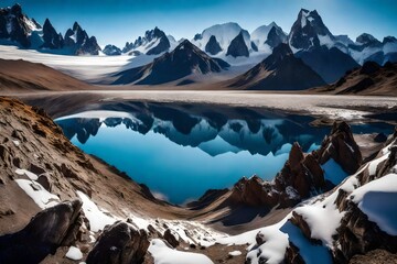 A mesmerizing panoramic shot of the Chilean Andes, showcasing the frozen Laguna Del Inca surrounded by snow-capped peaks under a clear sky