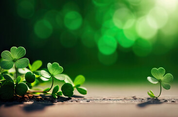 Close-up of a clover on a green background with bokeh in the background. Patrick's day background with copy space