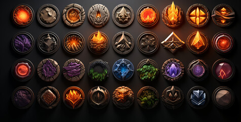 A collection of decorative mystical gaming medallions, each glowing with a unique fire or magical emblem.