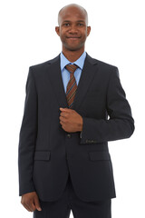 Happy, black man and portrait of lawyer in suit with confidence and pride in white background of studio. Legal, advisor and professional businessman or consultant smile with mindset for work mockup