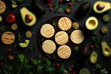  a plate of sliced cheese and avocado on a table with tomatoes, broccoli, lettuce, and avocados.