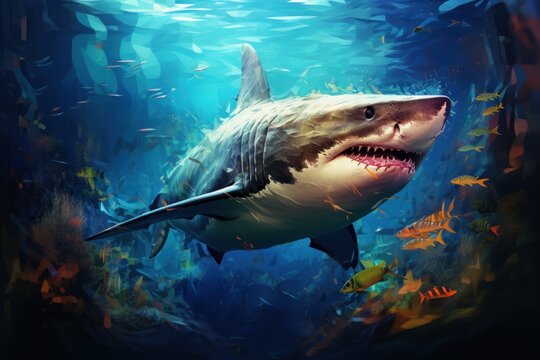  a painting of a great white shark swimming in the ocean with a lot of fish around it's neck.