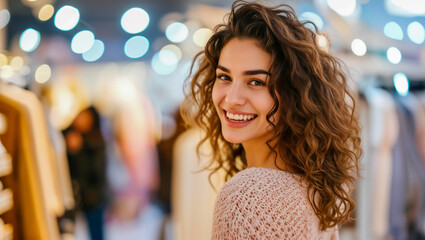 Young woman smiling at the camera at a fashion and beauty expo