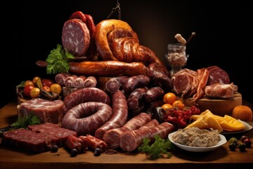  a table topped with lots of different types of meats and meats on top of a wooden cutting board.