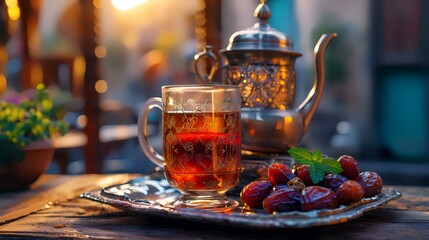 A cup of hot tea with dates and a teapot on the table - obrazy, fototapety, plakaty