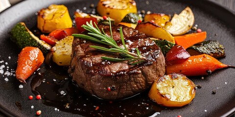 Incredibly delicious juicy medium rare steak with side dish, potatoes, fresh, stewed vegetables, sauce, grilled meat, background, template, wallpaper.