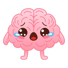 Cute pink brain character crying on a white background. Flat style cartoon brain character design. Vector mascot illustration human organ icon design
