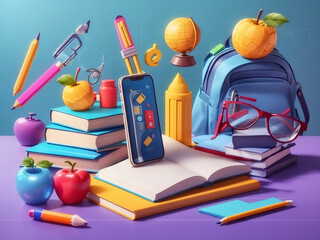 Back to school. Online selection of things necessary for studying. Lesson schedule on the phone. Advertising of educational programs and applications. Horizontal banner with 3D elements