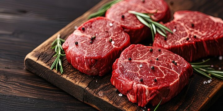 Selected juicy meat ready for cooking steak, fillet, slicing, meat with herbs, rosemary, spices, meat restaurant, background, wallpaper.