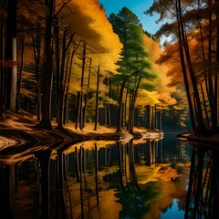 Vertical view of a peaceful forest lake, with the water reflecting the vibrant colors of the surrounding foliage