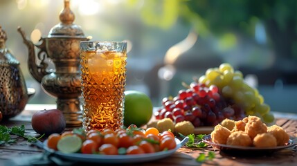 Arabic tea in a glass with fruit on a wooden table.