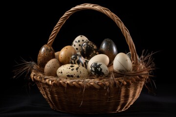 Obraz na płótnie Canvas a wicker basket filled with quails and speckled eggs on a black background with a black background.