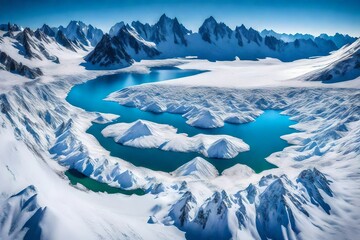 A mesmerizing aerial panorama featuring the pristine Laguna Del Inca embraced by the snow-covered Chilean Andes, creating a symphony of white and blue