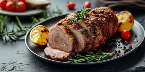 Meat dish cut into slices with vegetables and spices, potatoes as a side dish, rosemary, restaurant, meat, wallpaper, background.