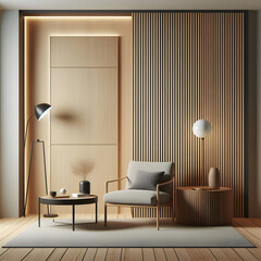 Contemporary minimalist interior with armchair, coffee table, wood panel, floor lamp, blank wall