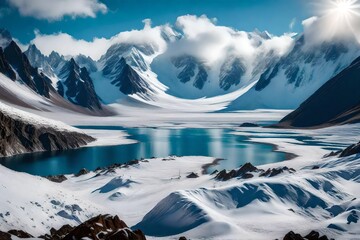 An HD capture of the snow-covered Chilean Andes, highlighting the serene beauty of Laguna Del Inca, nestled among the majestic mountains