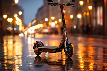 Urban Electric Elegance: A Close-Up Snapshot of an Eco-Friendly E-Scooter Posing Gracefully in the Heart of the City Streets