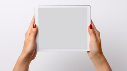 Hand holding a tablet computer with white screen. Woman hands showing empty screen of modern digital tablet. Hand holding tablet pc isolated on white background with blank screen - obrazy, fototapety, plakaty