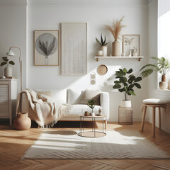 Contemporary minimalist white interior, Scandi-Boho style