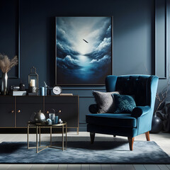 Dark blue living room interior with cozy luxury armchair