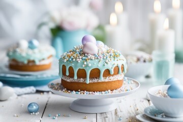  a cake with blue icing and sprinkles on a plate with a cup of tea in the background.