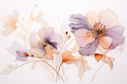  a close up of a bunch of flowers on a white background with a few flowers on the side of the picture.