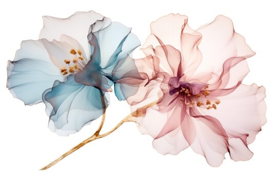  a close up of two flowers on a white background with a pink and blue flower in the middle of the image.