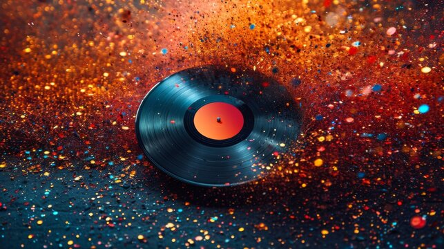 un disque vinyle posé sur une toile de fond vibrante qui éclate de particules colorées, donnant l'impression d'une explosion de couleurs ou d'une rafale dynamique de confettis