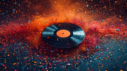 un disque vinyle posé sur une toile de fond vibrante qui éclate de particules colorées, donnant l'impression d'une explosion de couleurs ou d'une rafale dynamique de confettis - obrazy, fototapety, plakaty