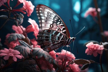 a close up of a butterfly on a plant with pink flowers in the foreground and a forest in the background.