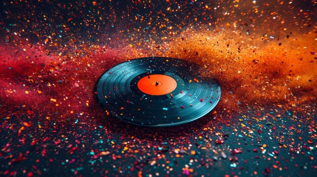 un disque vinyle posé sur une toile de fond vibrante qui éclate de particules colorées, donnant l'impression d'une explosion de couleurs ou d'une rafale dynamique de confettis