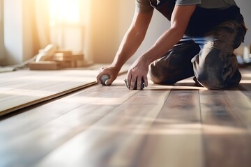 Man repairman repairing floor with laminate wood indoors