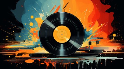 un disque vinyle au milieu d'une explosion abstraite de couleurs et de formes. Le disque semble presque en mouvement, avec des teintes vibrantes d'orange, de jaune, de rouge et de bleu qui jaillissent - obrazy, fototapety, plakaty