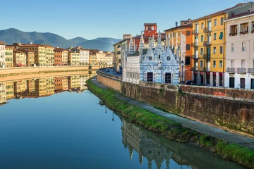 Peel and stick wall murals Leaning tower of Pisa Pisa, Italy skyline on the Arno River with Chiesa di Santa Maria della Spina