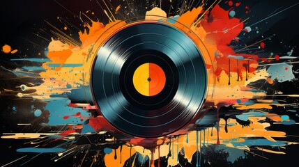 un disque vinyle au milieu d'une explosion abstraite de couleurs et de formes. Le disque semble presque en mouvement, avec des teintes vibrantes d'orange, de jaune, de rouge et de bleu qui jaillissent