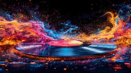 un disque de vinyle placé au centre, d'où jaillissent des particules dynamiques et colorées, créant un effet explosif. Les couleurs rouge, orange, bleu et jaune s'affichent de manière éclatante et res - obrazy, fototapety, plakaty