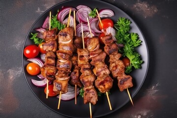  a plate of skewered meat, onions, tomatoes, onions, and lettuce on skewers.