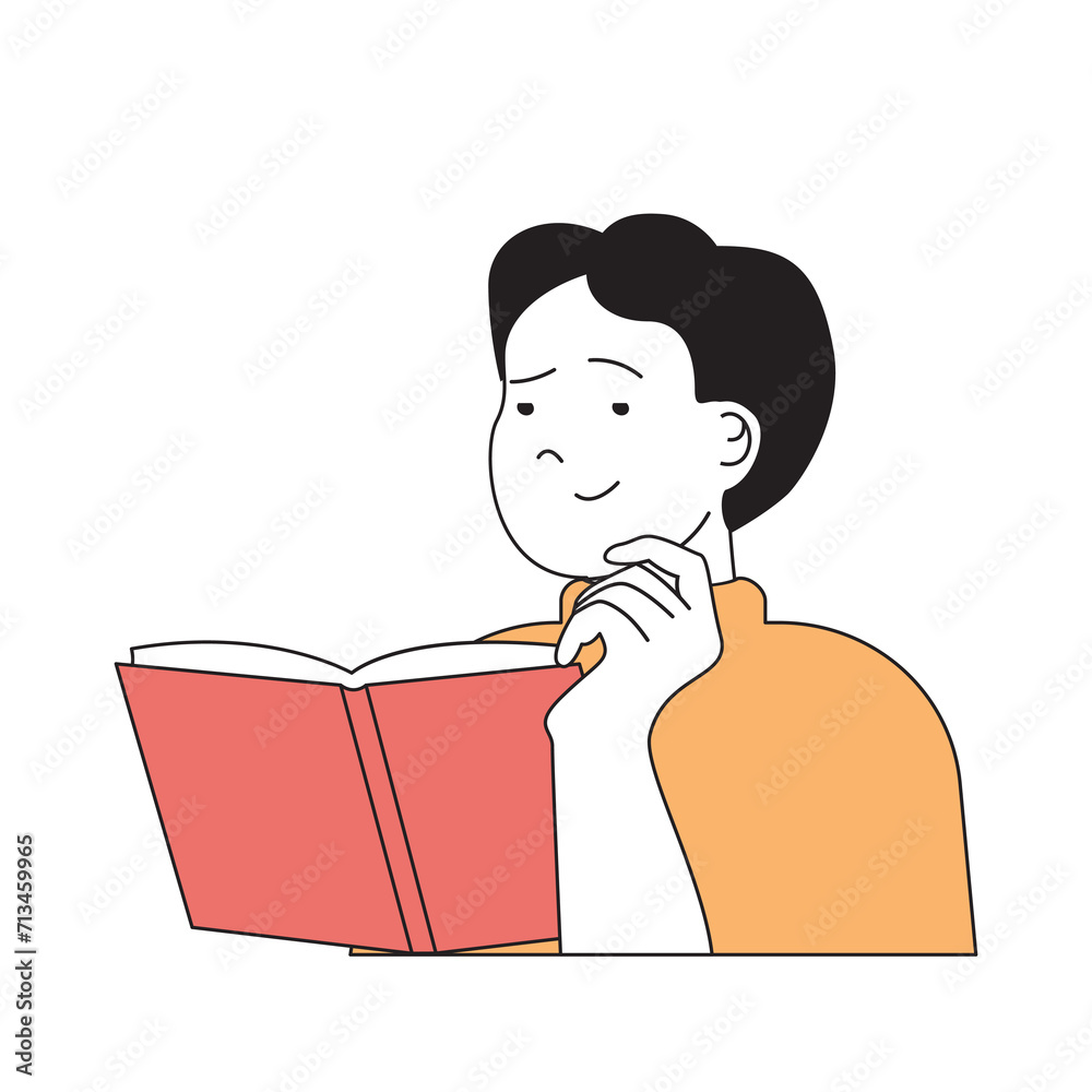 Poster school learning concept with cartoon people in flat design for web. student reading textbook and res
