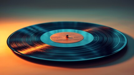 disque vinyle pos&eacute; sur une surface plane.L'&eacute;clairage de l'image donne un ton chaud et dor&eacute; &agrave; la sc&egrave;ne, ce qui renforce l'aspect nostalgique du disque vinyle.