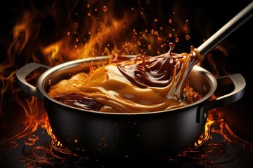  a pot of caramel sauce with a spoon sticking out of the top of it, on a black background.