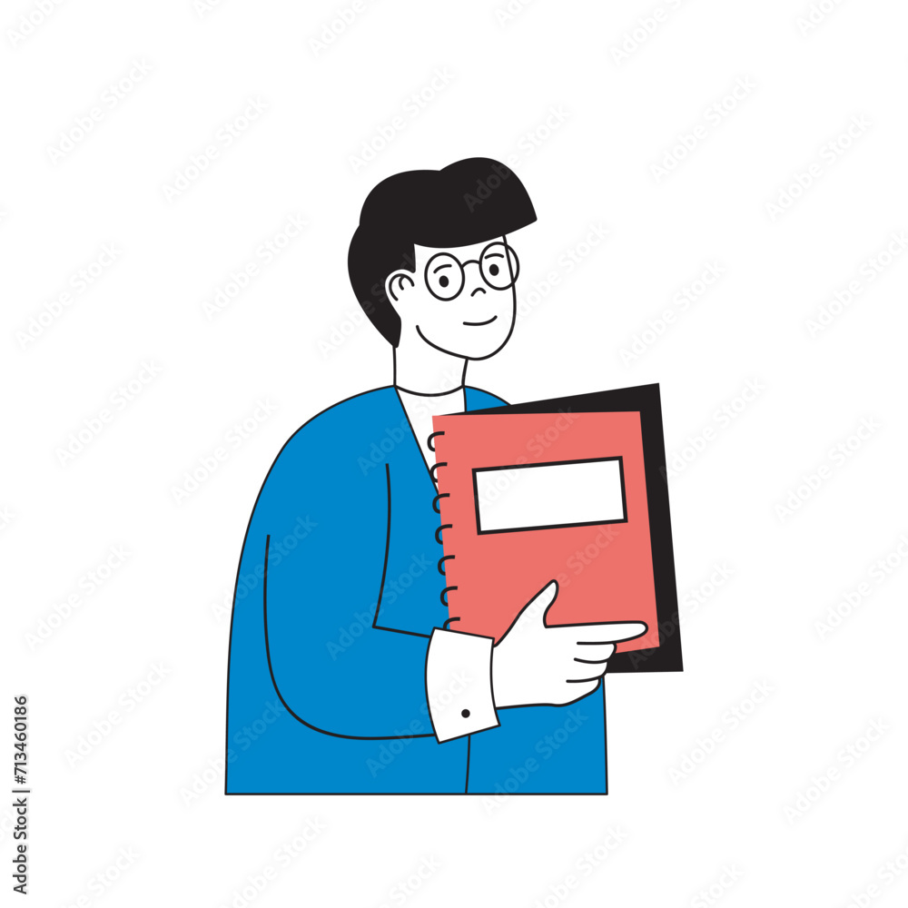 Poster school learning concept with cartoon people in flat design for web. student holding his notebook and