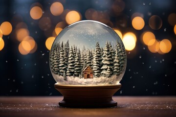 Fototapeta na wymiar a snow globe with a small house in the middle of the snow and a lot of lights in the background.
