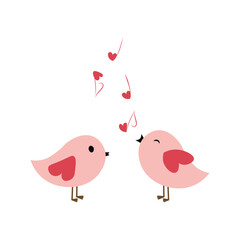 Cute bird couple flat vector illustration isolated on white background. Element for Valentine's day concept. Doodles clip art in cartoon style. Happy Valentine's day.