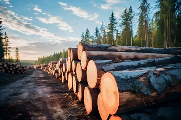  pile of pine tree trunks. Logging industry © Denisa