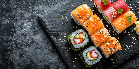 Incredibly delicious set of sushi and rolls, a variety of fish, raw fish, avocado, wasabi, soy sauce, sesame seeds, chopsticks, Japanese food.