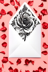 Valentine love letter card paper envelope with red rose petals for romantic messages and emotions passionate heartful concept